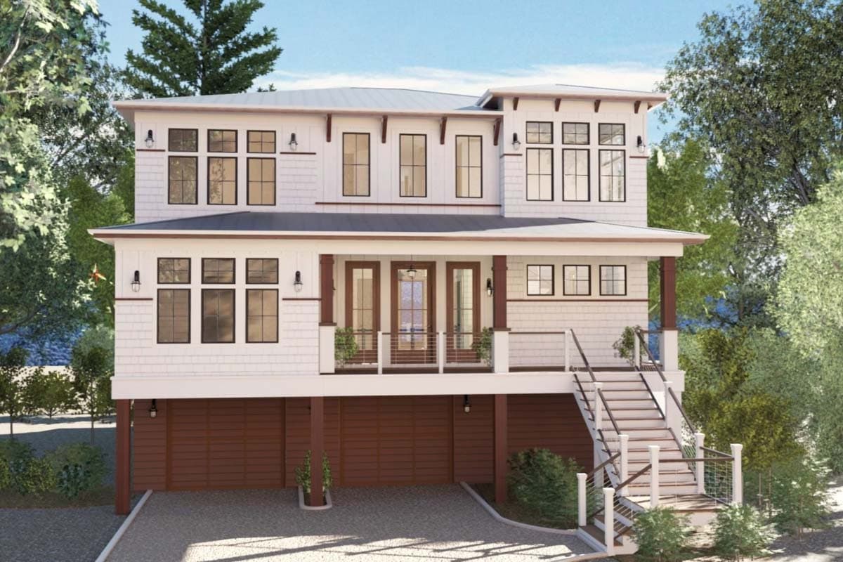 House plan exterior. Two-story Modern house with a porch, shingle siding, and a hipped roof. Features include a raised foundation and a covered entry.