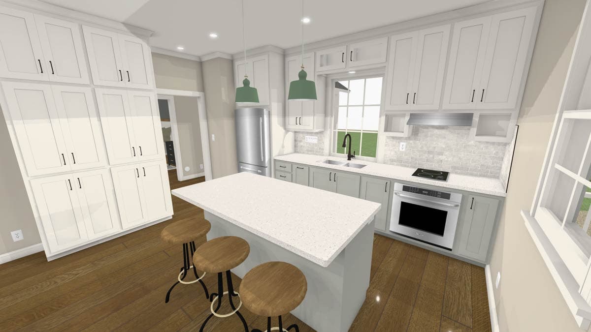 Modern kitchen design with white cabinetry, a large island with stools, stainless steel appliances, and a window above the sink.