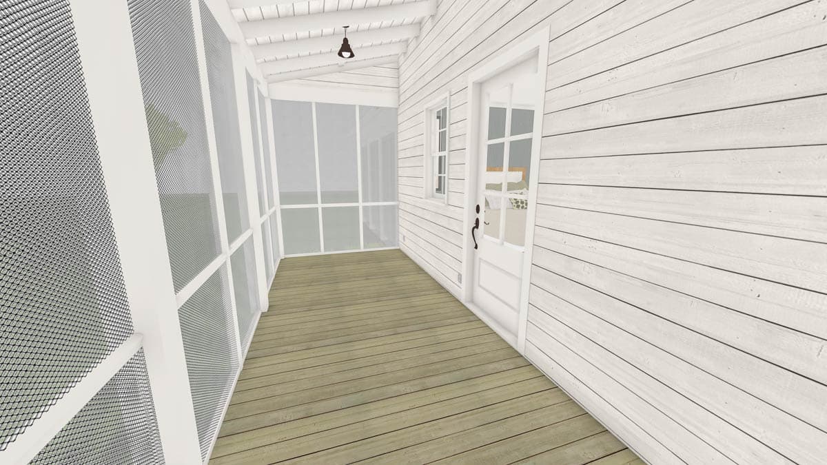 A screened-in porch with white walls, wooden floorboards, and a door leading inside. A light fixture hangs from the ceiling.