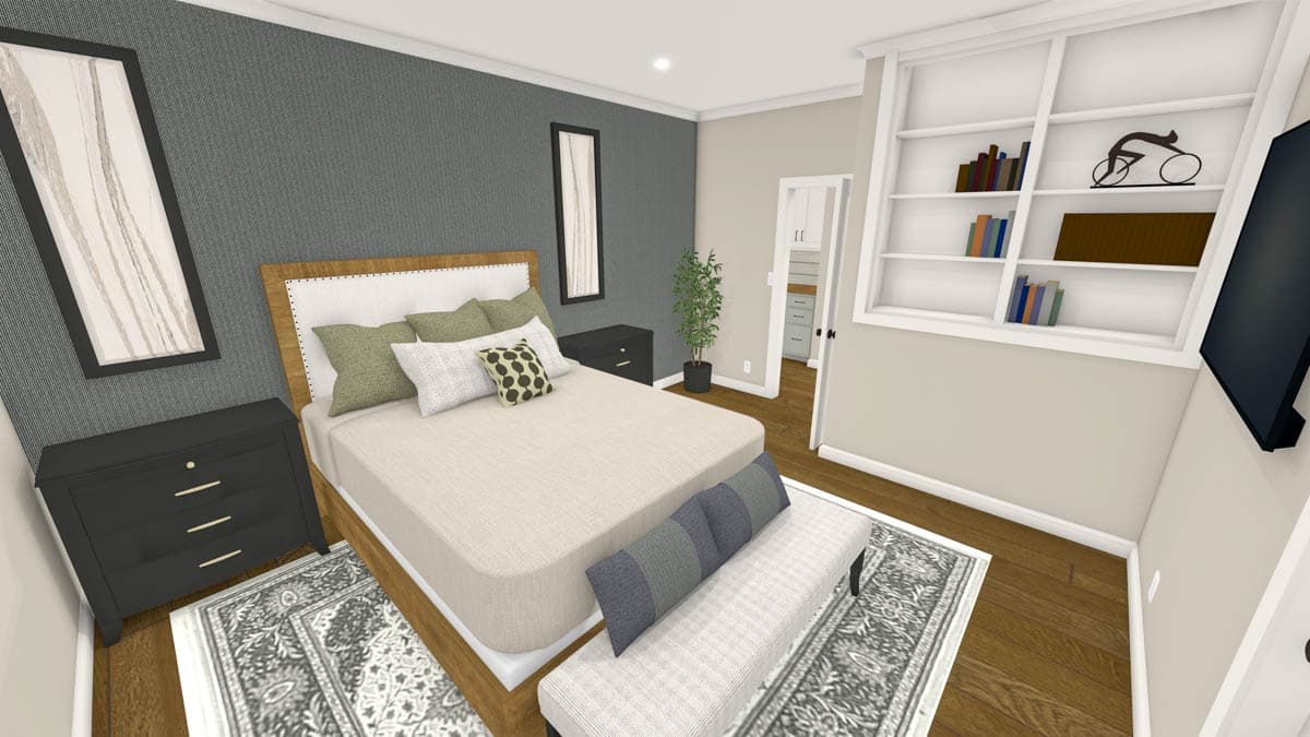 A modern bedroom interior features a bed with decorative pillows, a bench, a built-in bookshelf, and framed artwork on textured walls.