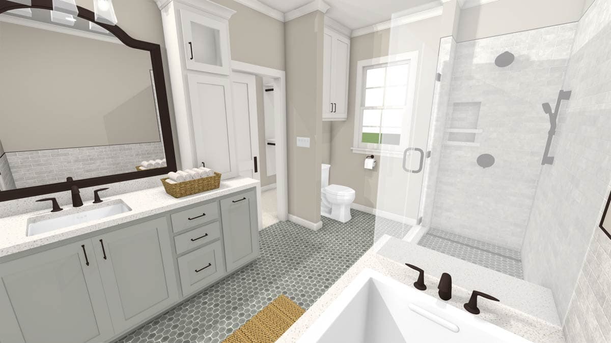 A modern bathroom showcases a spacious design with a large mirror, vanity with double sinks, a walk-in shower, and hexagon floor tiles.