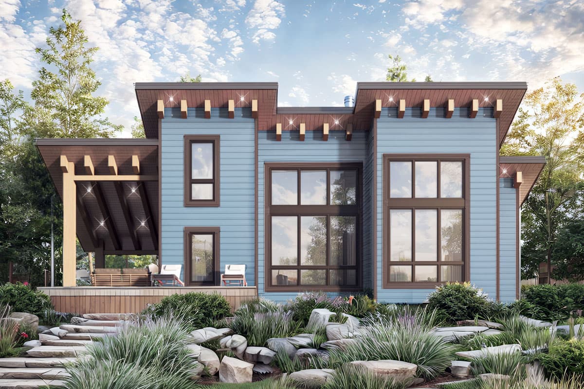 House plan exterior. Two-story Modern house with a covered porch and flat roof with decorative wood beams. Large windows and light blue siding.