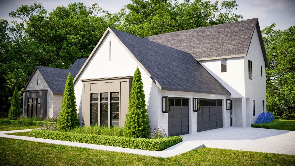 Exterior view of a modern two-story house with a white exterior, gray roof, and a two-car garage. Lush green landscaping.