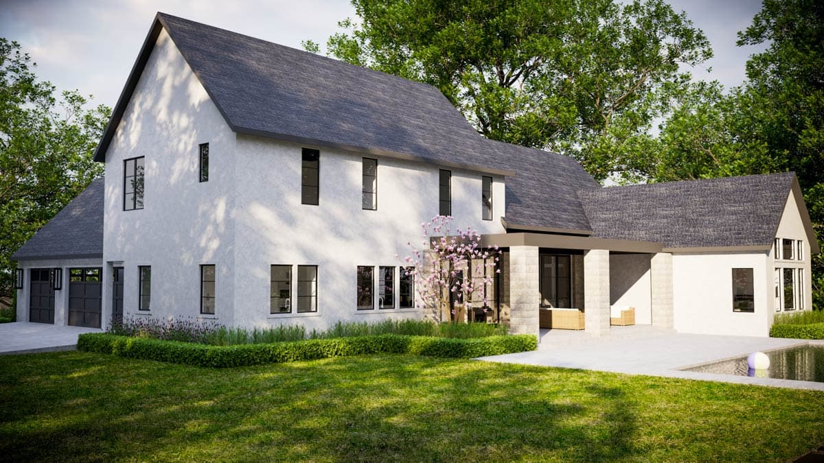 Modern white house with dark trim and grey roof, lush green yard, tree with pink blooms, and a pool.