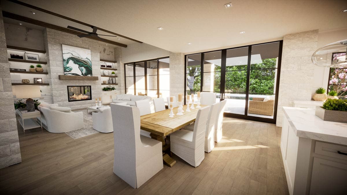 A modern open-plan living and dining area with a fireplace, large windows, and a rustic wooden dining table.