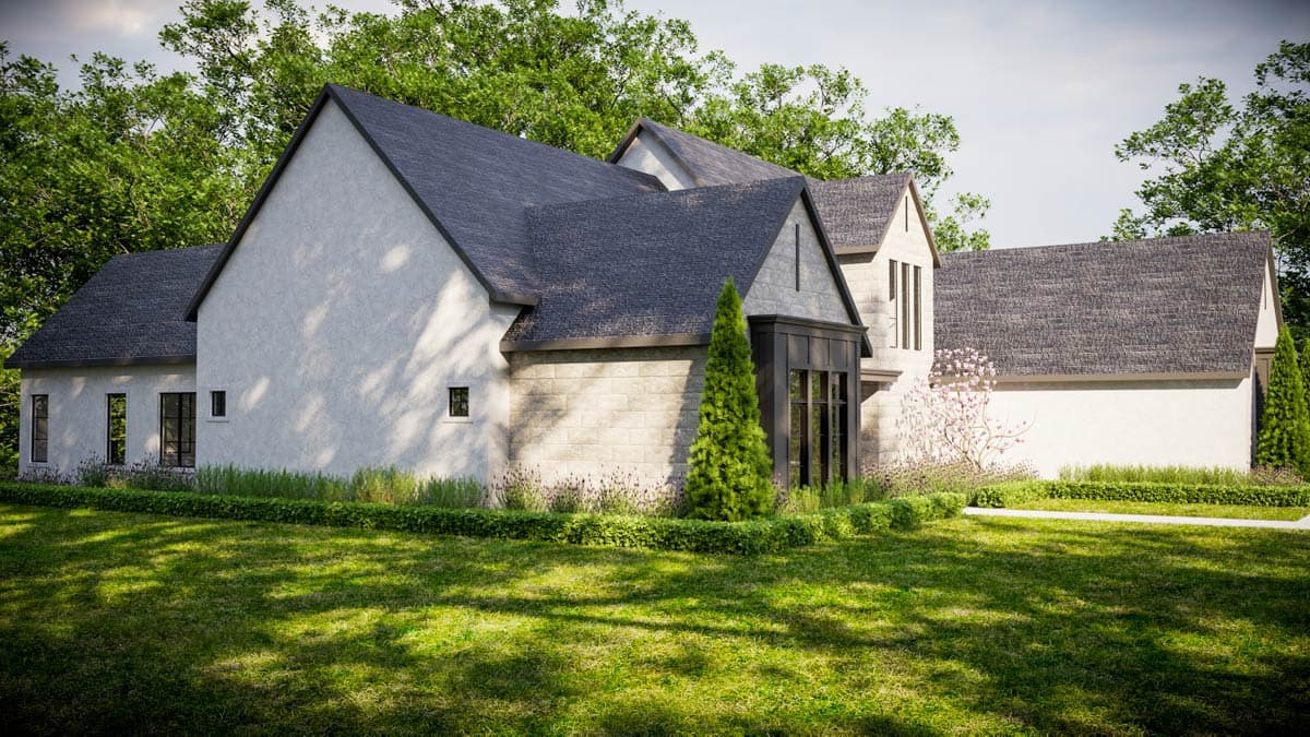 Architectural rendering of a modern home with a dark gray roof, light exterior, and manicured landscaping.