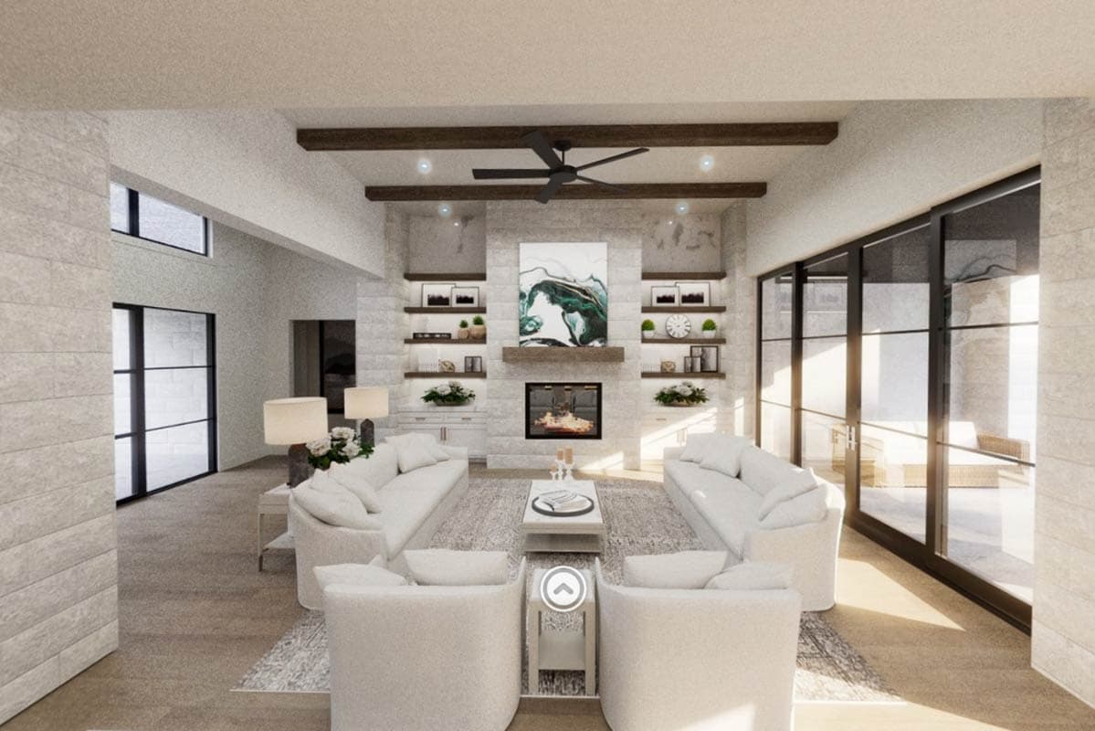 Plan 820003WSF: Striking Transitional Farmhouse Plan with Two-Story Great Room - Virtual Tour Cover Image - Modern Farmhouse, Transitional