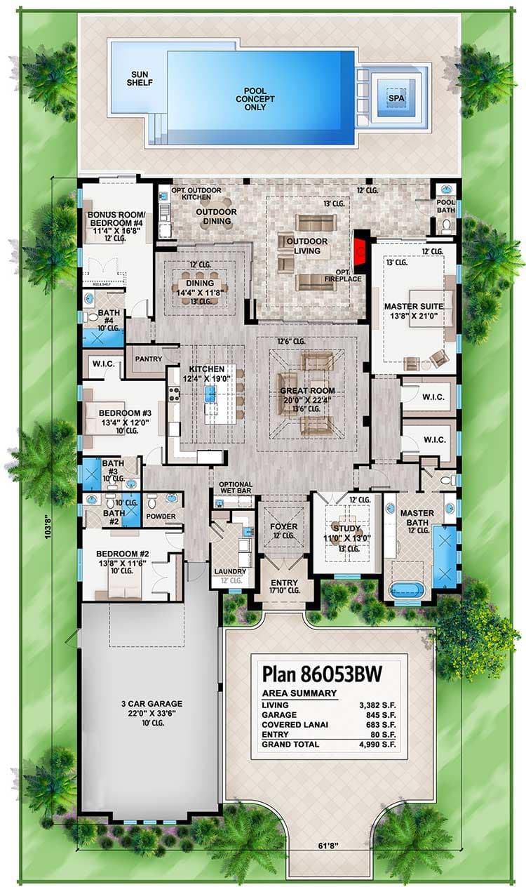 Plan 86053BW: Southern Contemporary House Plan with Outdoor Living In Back - 3382 Sq Ft - Floor Plan - Main Level - Coastal, Coastal Contemporary, Contemporary, European, Florida-Style, Mediterranean, Southern, Transitional