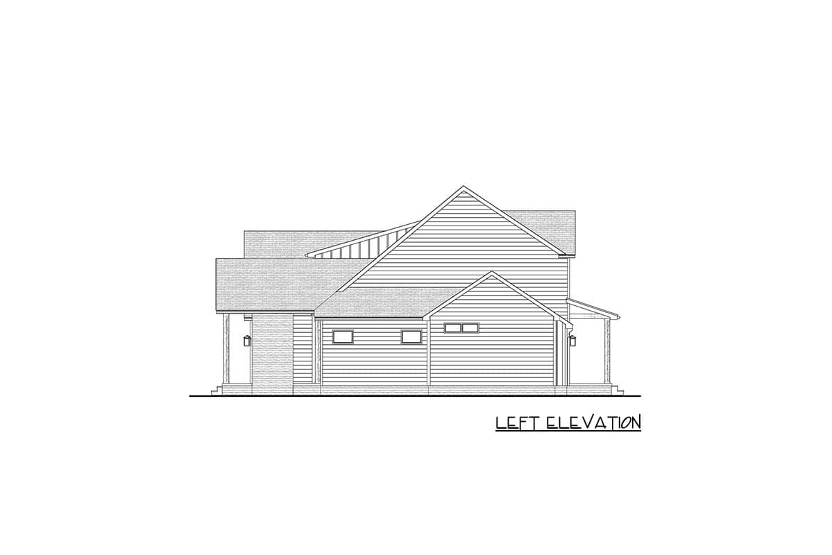 Line drawing of a house from the side, labeled "Left Elevation." The house features a gabled roof, horizontal siding, and multiple windows.