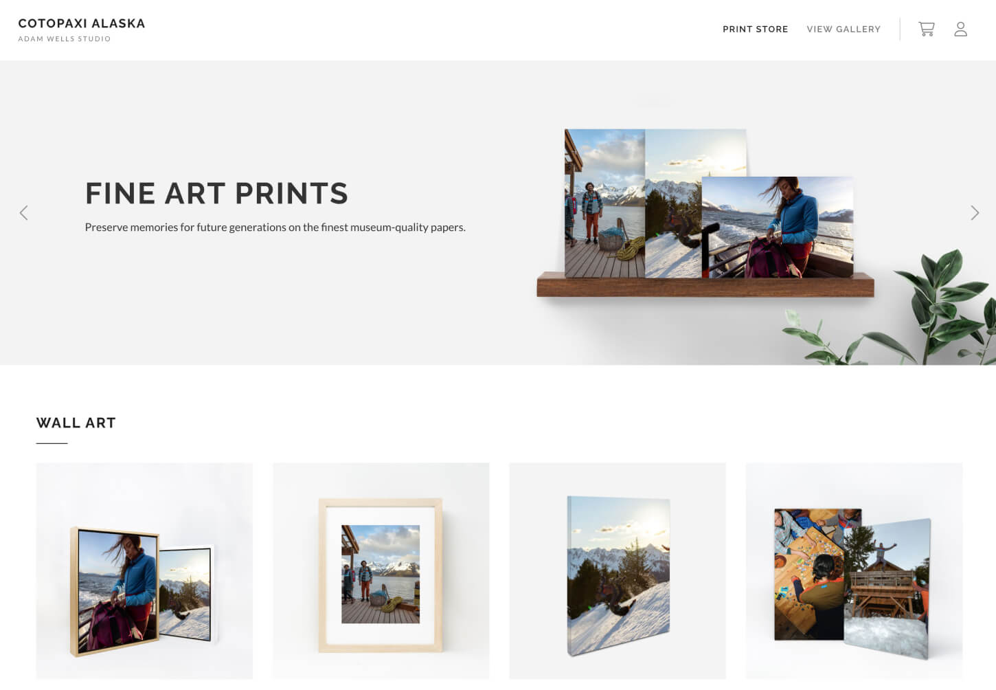 Online gallery showcasing fine art prints and wall art from Cotopaxi Alaska, including metal prints, gallery frames, and canvases with scenic outdoor photography.