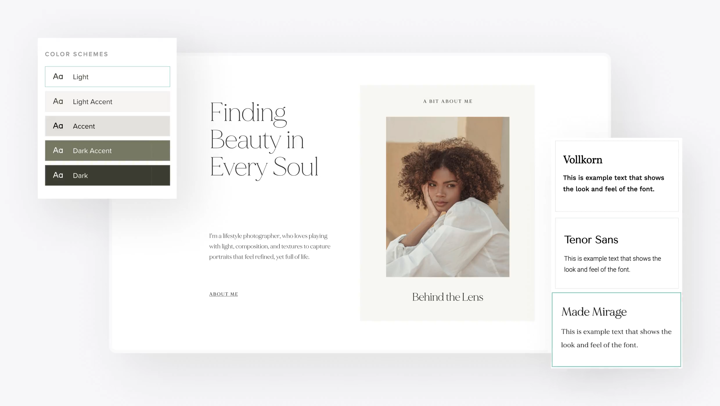 Video demonstration of Pixieset Website Builder design tools showcasing font and color customization options for creating a personalized photography website with just a few clicks.